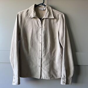 Sonoma Life+Style Button Front Shirt Womens Medium Tan Faux Suede Long Sleeve